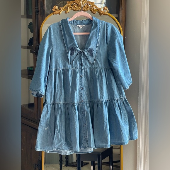 BB Dakota Blue Chambray My Way Mini Dress 100% Cotton Embroidered Collar Sz S - Picture 3 of 8